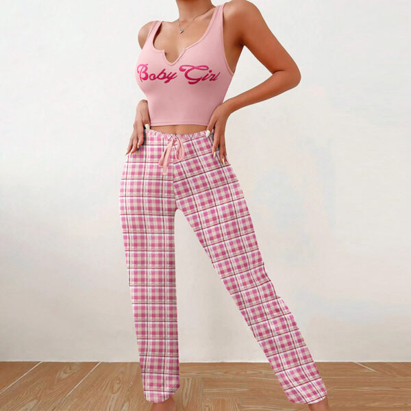 Spring Summer Women's Casual Pajamas Home Wear Vest Color Matching Plaid Trousers Letter Print Top Ladies 2 Pcs Home Clothes Sleepwear - Image 6