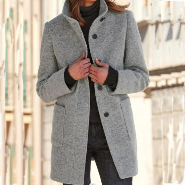 Fashion Stand Collar Woolen Coat With Pockets Fall Winter Casual Button Outwear For Women Clothing - Image 5