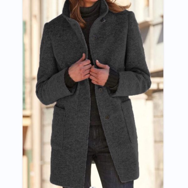 Fashion Stand Collar Woolen Coat With Pockets Fall Winter Casual Button Outwear For Women Clothing - Image 4